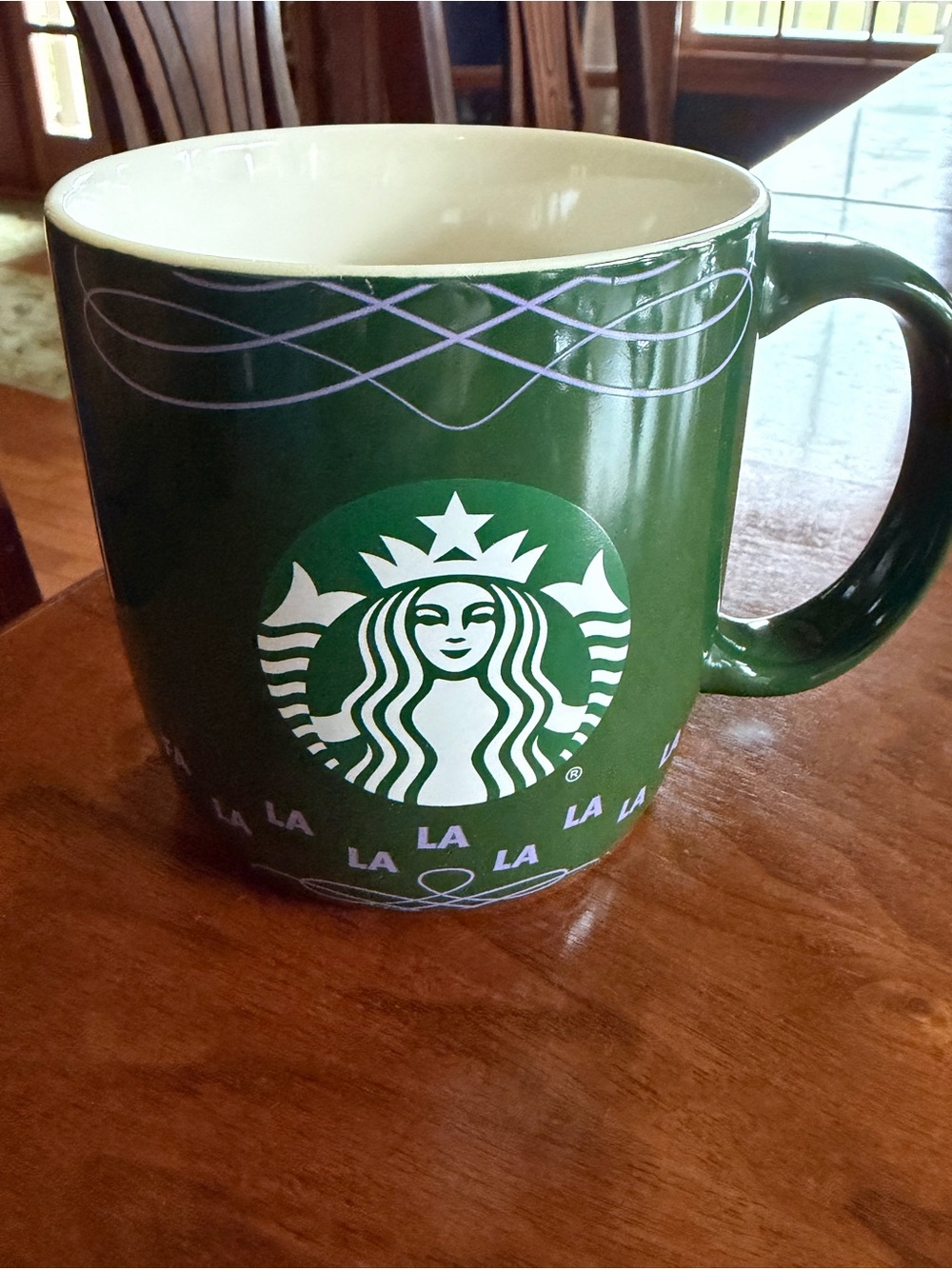Starbucks green 18 oz mug fa la la la la porcelain new
